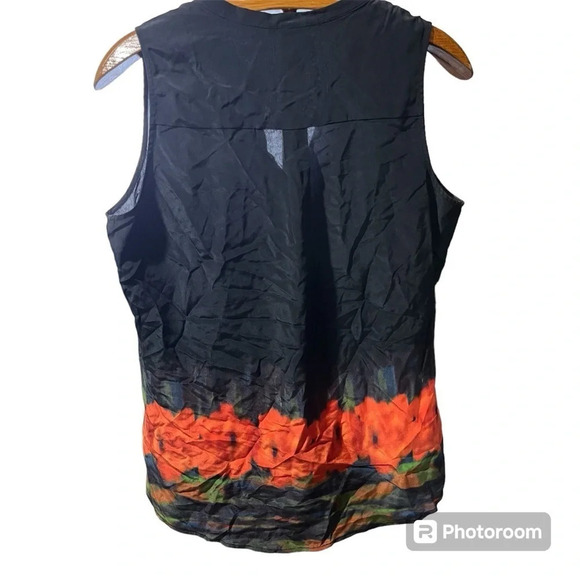 ECRU ~ Classic Cezanne Black and Floral 100% Silk Sleeveless Tank Button Down - Picture 3 of 10